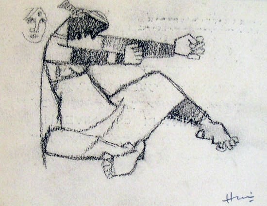 M.F. Husain WOMAN MAKING BUTTER Ink on paper 4.5 x 6.5 in. SOLD