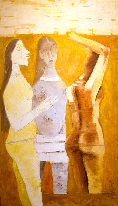 M. F. Husain WOMEN IN YELLOW 1970 Oil on canvas 53 x 29 in.