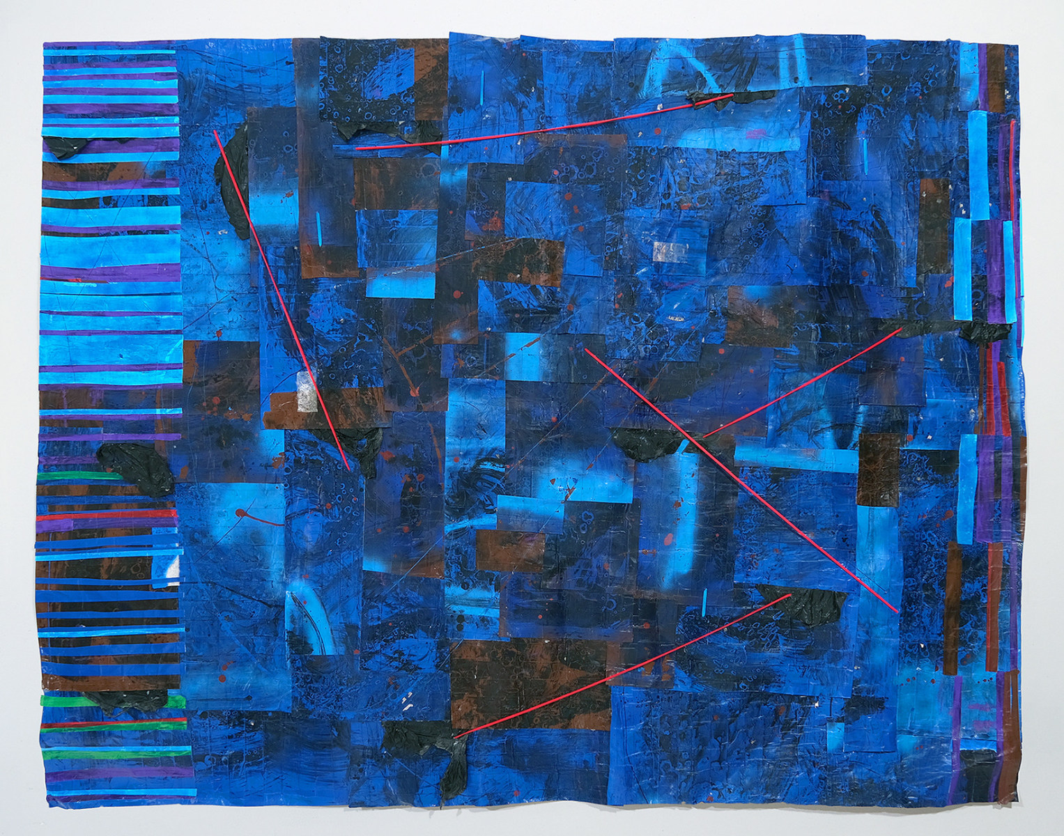 Nathaniel Donnett Ephemeris Footprint 1, 2021 Duct tape, plastic trash bags, aerosol paint, ink, paper, shoelaces 140h x 76w in