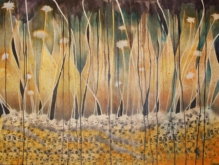 Nitin Mukul GIGER COUNTER 2014 Oil, acrylic and tea stain on canvas 36 x 48 in.
