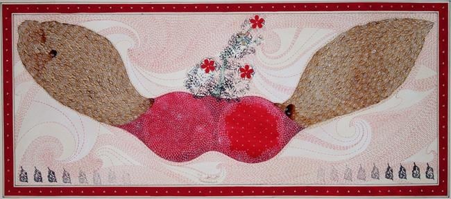 Talha Rathore CELEBRATING LIFE III 2011 Gouache, block print, collage, tea stain and archival pen on wasli 8.5 x 18.5 in.