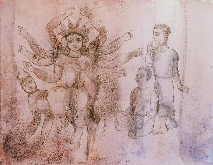 Sakti Burman MUSICIAN SINGING THE STORY OF DEVI 2008 Watercolor on paper 20 x 25.5 in.