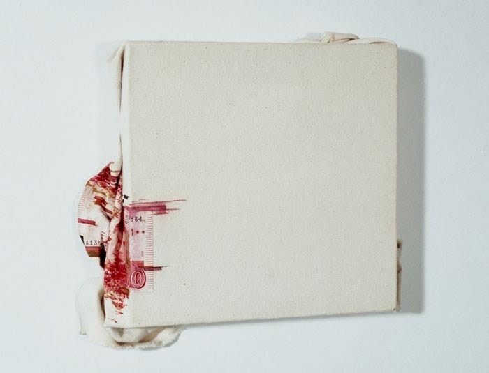 Saad Qureshi MANY ROSES IN THE RIVER 2008 Oil and banknote on canvas 8.5 x 10 in.