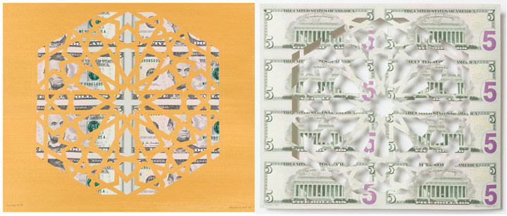 Abdullah M. I. Syed Divine Structure: Hexagon, 2017 Hand-cut U.S. $5 banknote sheet and banknote collage with acrylic on wasli 10.25 x 24.50 in