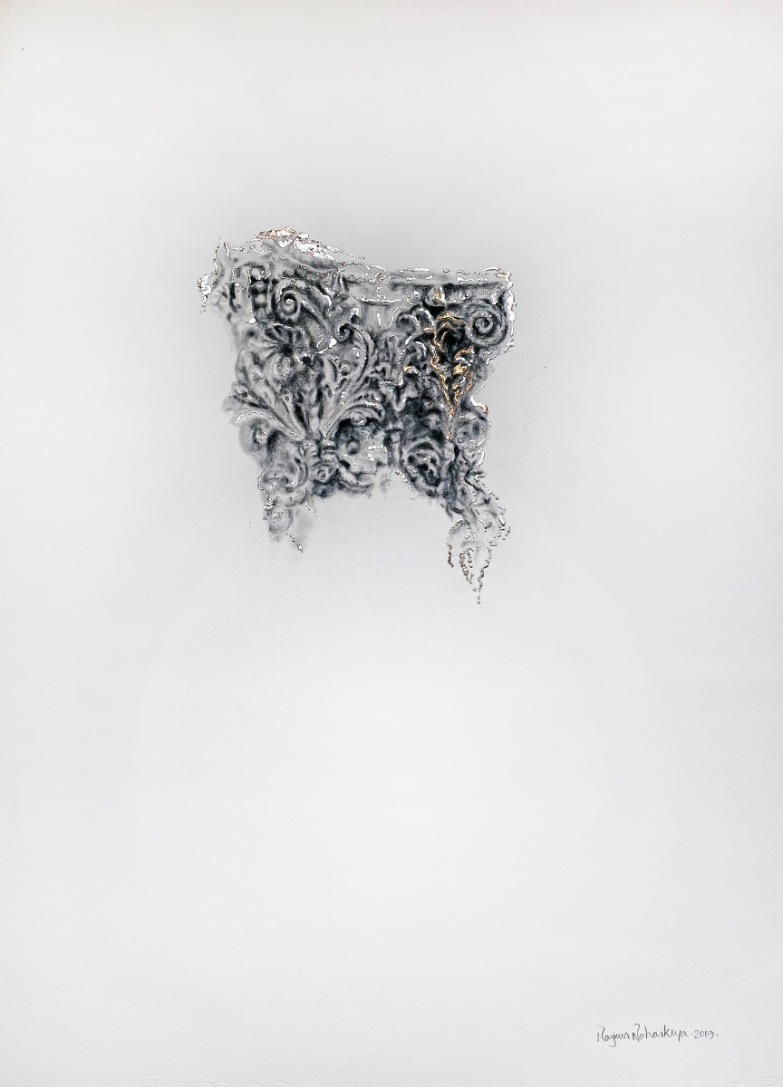 Najmun Nahar Keya Corinthian Dhaka (27) Charcoal, graphite, rabbit skin glue, copper, silver, on Fabriano archival paper 28 x 20 2019