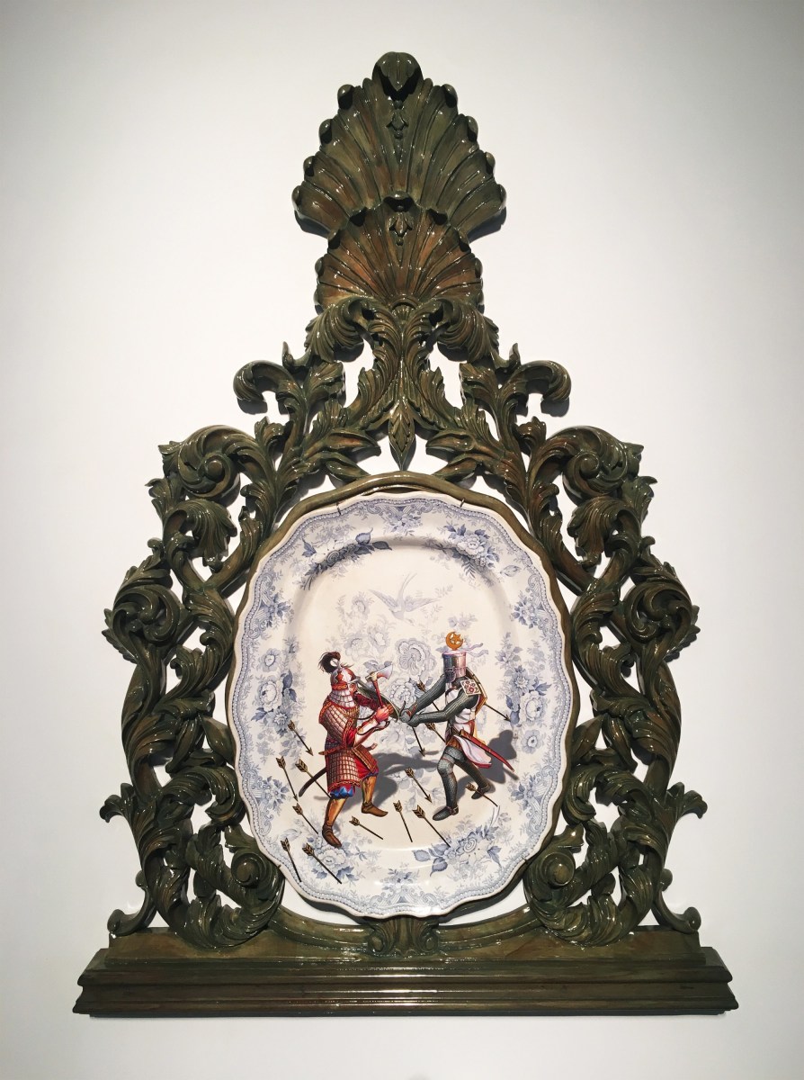 Adeela Suleman Untitled (Plate - 1), 2017 Wood, Ceramic Plate with Enamel Paint Hardener and Lacquer 47.5 x 31.5 x 3 in