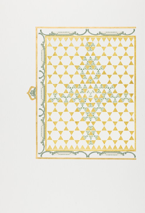 Abdullah M. I. Syed Illuminated Prisms Manuscript I: Pg. 4, 2017 Hand-cut U.S. $1 banknotes collage and 24k gold on Illustration board 22.75 x 15 in