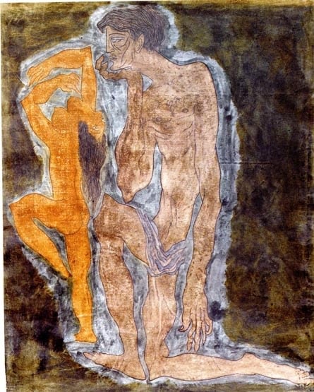 Sadequain THE THINKER CONTEMPLATING A WOMAN ND Oil on canvas 45 x 36 in.
