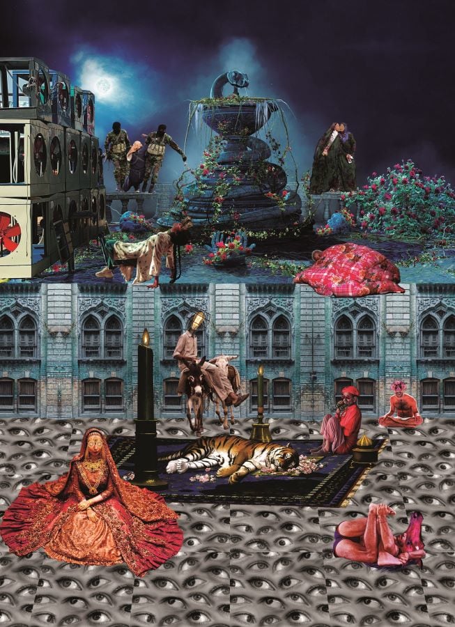 Intricate almost ornate, queer reinterpretation of the standard prayer rug.