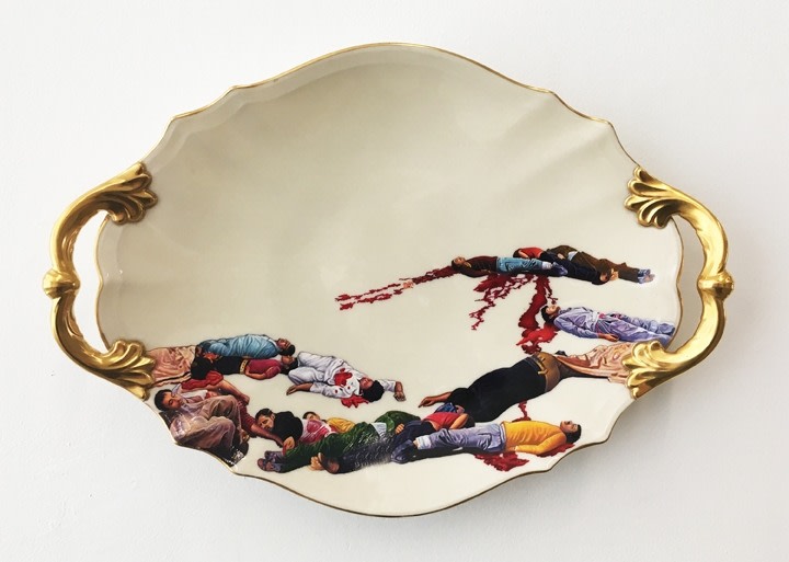 Adeela Suleman Untitled (Serving Dish - 1) 2017 Found Vintage Ceramic Plate with Enamel Paint Hardener and Lacquer 12 x 17 in.