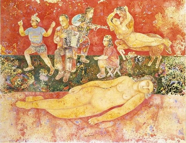Sakti Burman REVE DIVERS 2008 Oil on canvas 35 x 45.5 in.