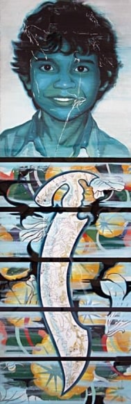 Reena Saini Kallat SWORD SWALLOWER (BOY) Acrylic on canvas 77 x 22 in.