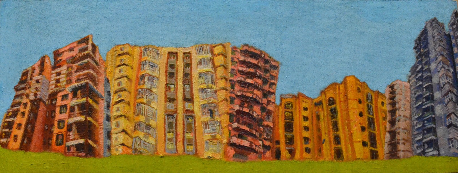 Veera Rustomji, Real Estate Dreams, 2018, Oil on jute, 12 x 30 in