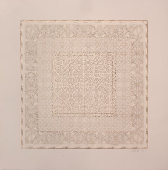 Anila Quayyum Agha Walking Amongst The Blooms 2016 Mixed media on paper (Laser-cut patterns on paper with mylar, embroidery and beads) 25.5 x 25.5 in.