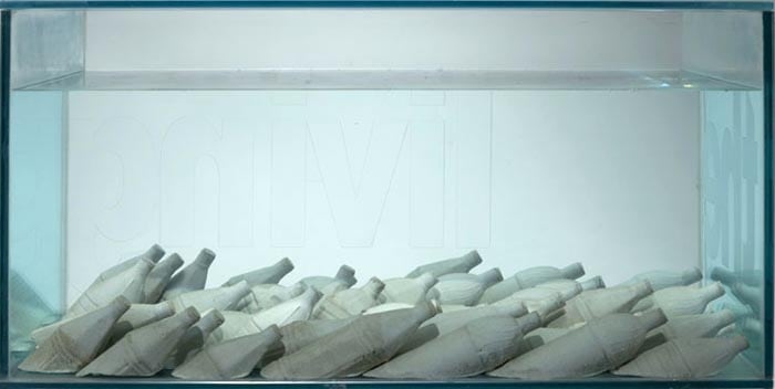 Atul Bhalla THE LIVING 2007 Installation in Yamuna sand, cement, water, gravel and glass 48 x 36 x 18 in.