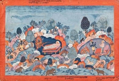 An Illustration from the Bhagavata Purana: Muchukunda Kila the Warrior Kalayavana Nepal c. 1775 Opaque watercolor on wasli 12.5 x19.25 in. NFS