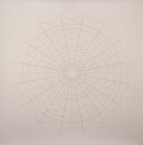 Anila Quayyum Agha Moonbeams for My Love 2016 Gold and silver thread and beads on Stonehenge rag paper 38 x 38 in.