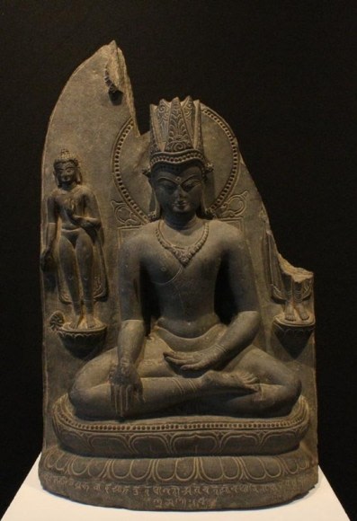Crowned Buddha Pala Black stone 11th Century 19 in.