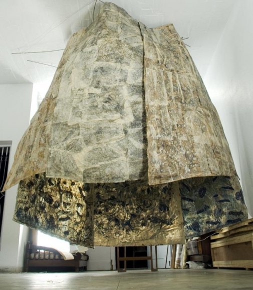 Jayashree Chakravarty UNTITLED C (SPHERE ALIEN) PAPER INSTALLATION - 7 Pieces 2008-2009 Pigment, tea stain, clay, acrylic on layered glued rice paper, tissue paper and cotton fabric Variable Dimensions NFS