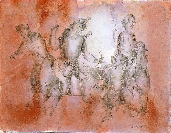 Sakti Burman MAHADEV WANDERING ON THE SUMMER EVENING 2008 Watercolor on paper 20 x 25.5 in.