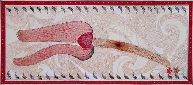 Talha Rathore CELEBRATING LIFE II 2011 Gouache, block print, collage, tea stain and archival pen on wasli 8.5 x 18.5 in