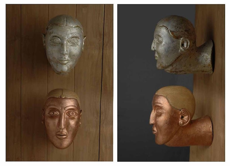 Mayyur Gupta TWO FRIENDS 2006 Copper and silver foil on wood 12.5 x 9 x 12.5 in. (Multiple views of the same sculpture)