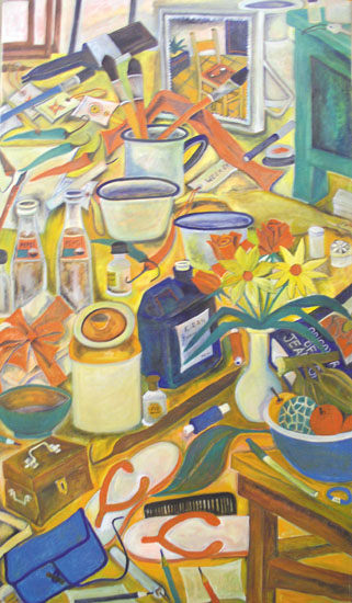 Nandini Goud UNTITLED (TABLETOP STILL-LIFE) Oil on canvas 69 x 40 in.