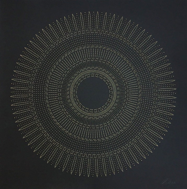 Anila Quayyum Agha Circle the Kaaba (Tan) 2016 Mixed media on paper (Black and copper beads and embroidery on black paper) 29 x 29 in.