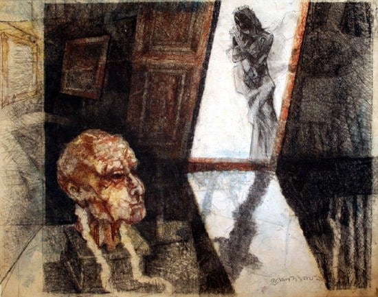 Shyamal Dutta-Ray COMPOSITION WITH HEAD AND FIGURE 1991 Mixed media on paper 19.5 x 24 in.
