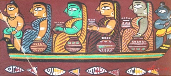 Jamini Roy KRISHNA AND BALARAM FERRYING THE GOPININS ACROSS THE JAMUNA 1942 Tempera on card 9 x 18.5 in.