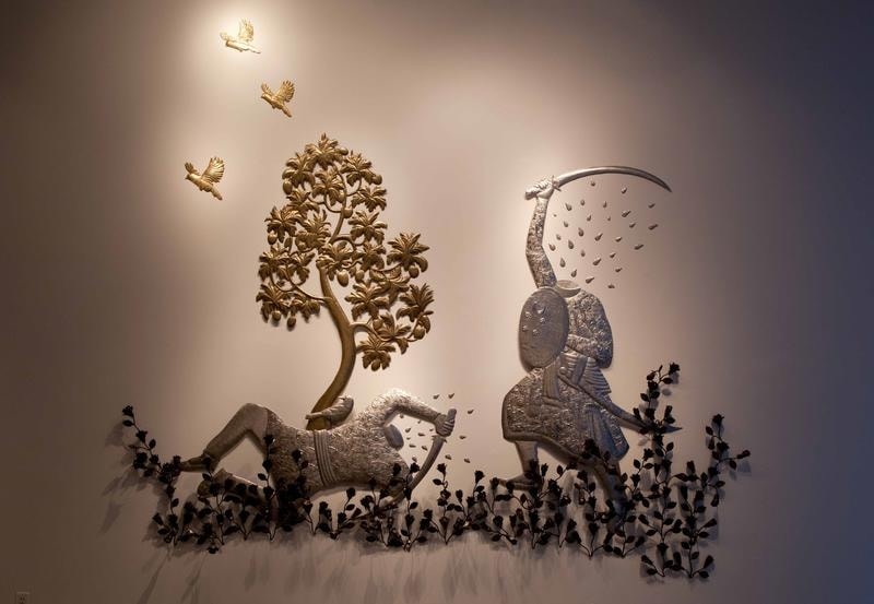 Adeela Suleman MUBARIZUN - NO MORE SERIES 1 2014 Hand-beaten stainless steel, iron and brass 110 x 108 in.