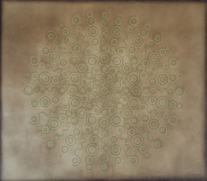 Anila Quayyum Agha Illuminations - Green 2016 Mixed media on paper (Green and white thread with green and light green beads on brown Korean hand-made paper) 36 x 41.5 in.