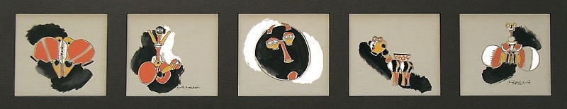Laxma Goud FIVE CERAMIC SERIES (MOUNTED TOGETHER) 1983 Ink, gouache on paper 8 x 36.5 in.