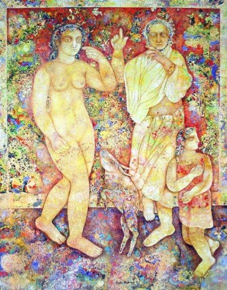 Sakti Burman ARTIST DANCING IN FRONT OF HIS LOVER 2007 Oil on canvas 45.5 x 34.5 in.