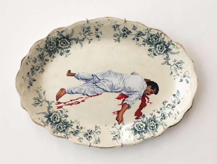 Adeela Suleman Untitled (Serving Dish - 3) 2017 Found Vintage Ceramic Plate with Enamel Paint and Hardener 11 x 15 in.