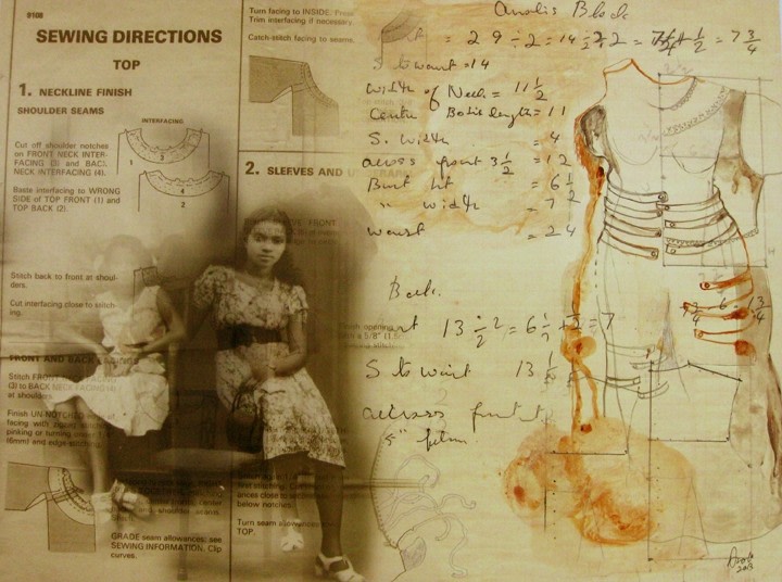 Anoli Perera Sewing Book Series III 2013 Print on Hahnemühle photo rag archival paper, with watercolor, ink and acrylic 15 x 20 in.