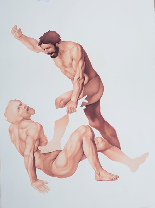 Irfan Hasan, Kain Zabija Abia, After Daniele Crepsi, 2016, Opaque watercolor on paper, 55 x 40 in