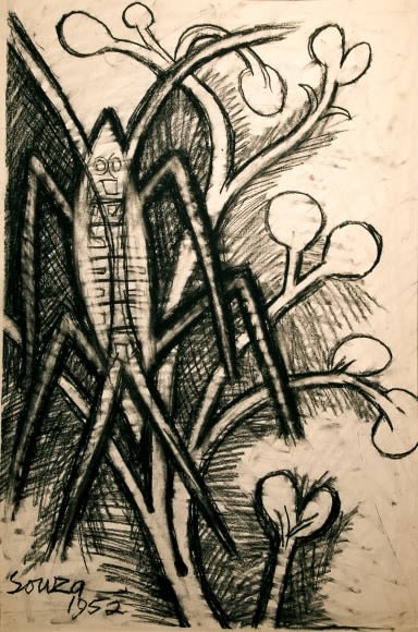 F.N. Souza Untitled (Grasshopper in Foliage) 1952 Charcoal on paper 22 x 15 in.