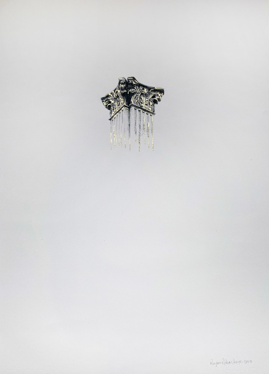 Najmun Nahar Keya Corinthian Dhaka (28) Charcoal, graphite, rabbit skin glue, gold, on Fabriano archival paper 28 x 20 in 2019