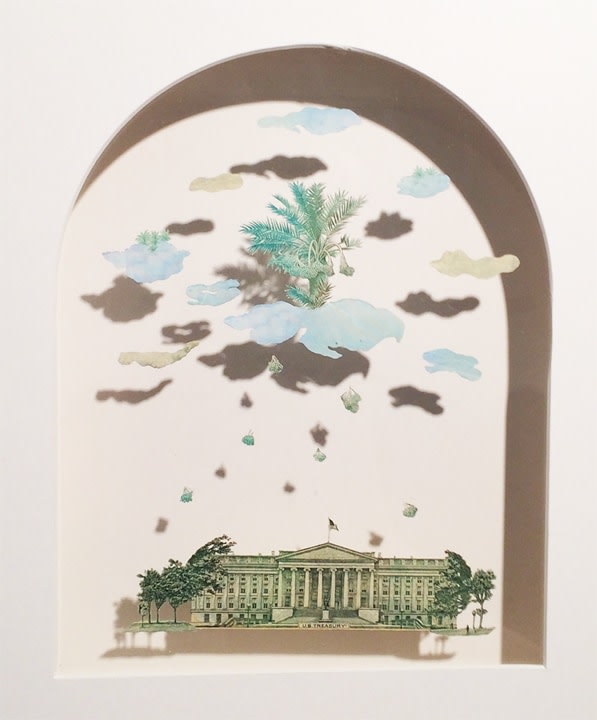 Abdullah M. I. Syed Heavenly Offerings - I (Assembly Series), 2016 Hand-cut 10 and 20 UAE Dirham banknotes and U.S. $50 and $100 bills in shadow-box 10.75h x 12.50w in