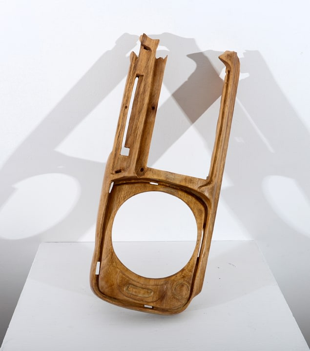Debanjan Roy, Untitled (Tape Recorder Cover), 2013, carved wood, 17h x 8w x 3d in