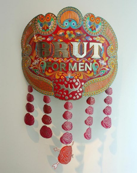 Abdullah M. I. Syed Brut for Men: Rose (English Version) 2013 Hand-beaten and chamak patti (hand stickered ornamentation) metal medallion, wood and stainless steel 59 x 46 in.