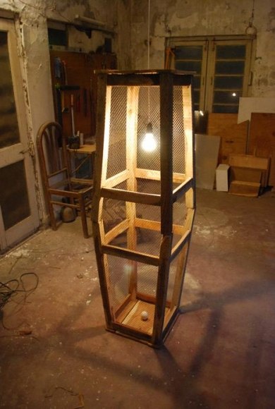 Ehsan ul Haq CREATION OF ADAM 2011 Wooden stools, chicken mesh, egg and lightbulb 60 x 18 x 18 in.