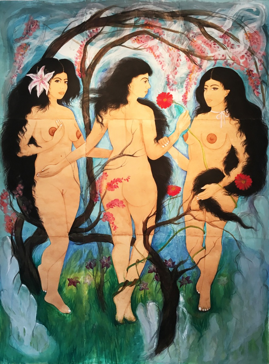 Hiba Schahbaz The Three Graces 2016 Watercolor, ink and poster paint on paper 82 x 64 in.