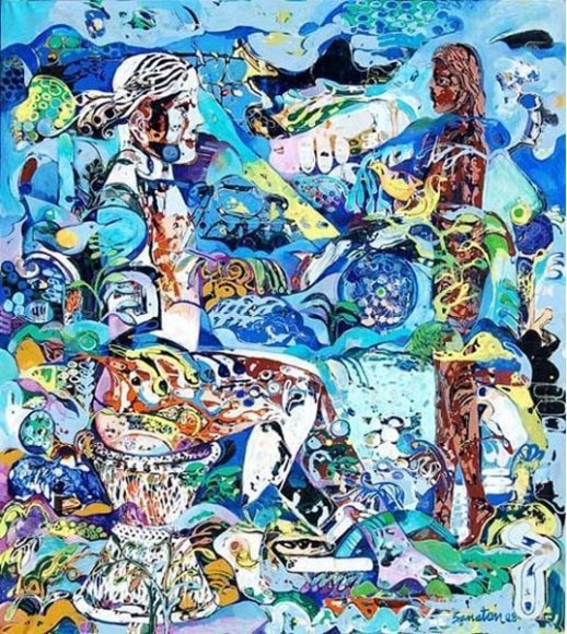 Sanatan Saha UNTITLED (FIGURE ON DRUM) 2008 Acrylic on canvas 47 x 41 in.