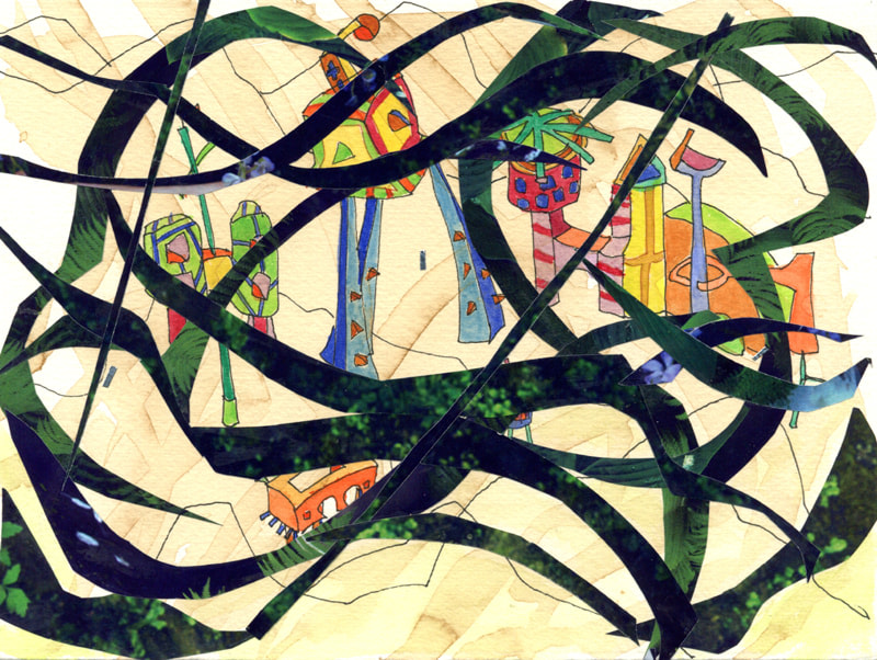 Gisela Insuaste GARDEN CIRCUS 3 2012 Watercolor, ink, coffee, silver tape and collage on paper 6 x 8 in.