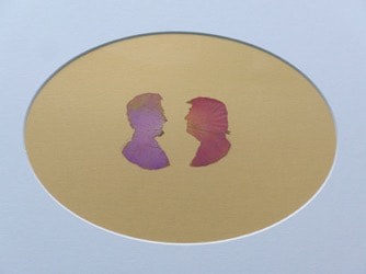 Abdullah M. I. Syed Rose Petal Portraits: Silhouettes 31-32 – Lincoln and Trump, 2019, Hand-cut rose petals on archival metallic paper and clear acetate, 12 x 16 in