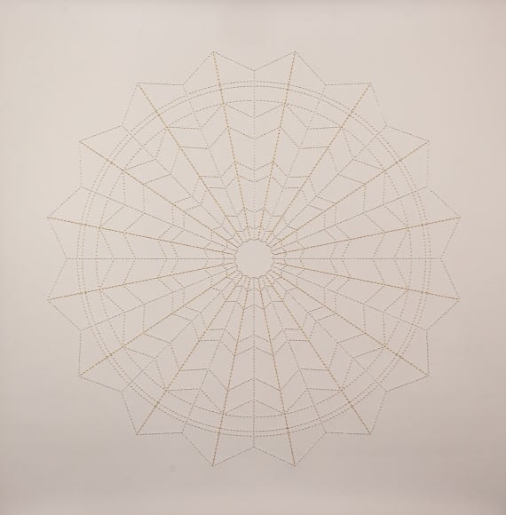 Anila Quayyum Agha Moonbeams For My Love 2016 Mixed media on paper (Gold and silver thread and beads on stonehenge rag paper) 38 x 38 in.