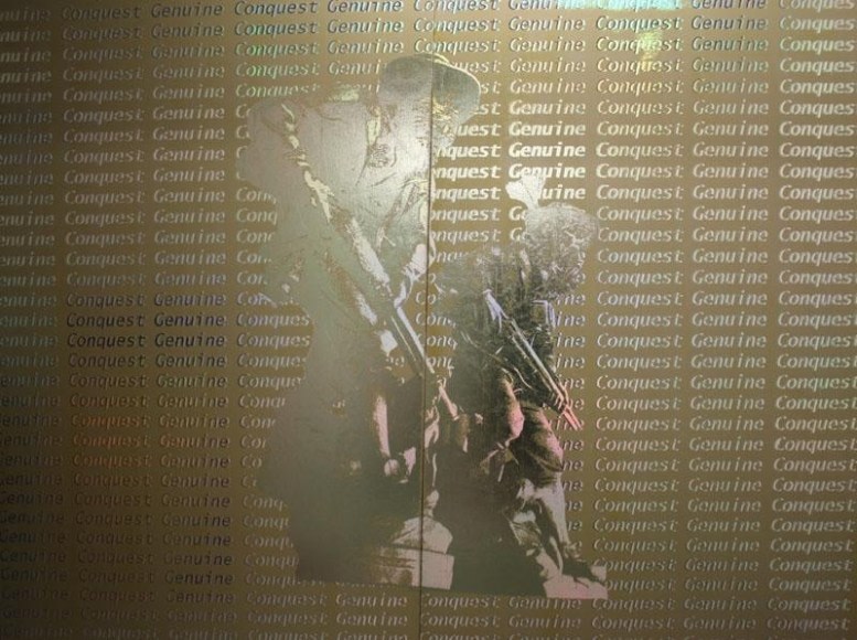 Justin Ponmany GENUINE CONQUEST Acrylic and hologram on canvas 75 x 96 in.