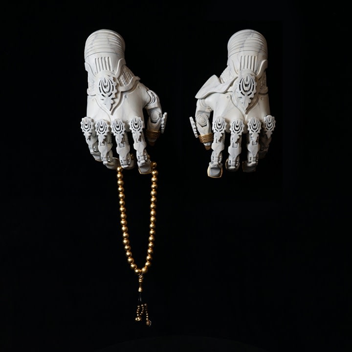 Saks Afridi, A.N.G.E.L.S. Hands, 2019, 3D printed acrylic, paint, and brass leaf 12 x 6 in